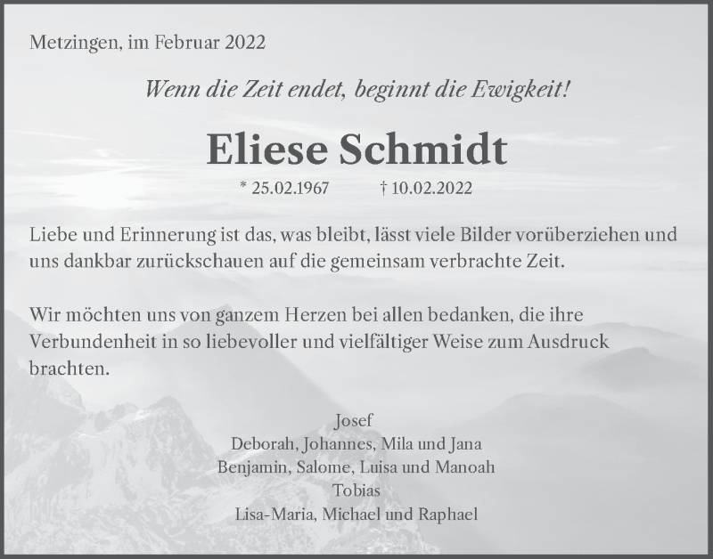  Traueranzeige für Eliese Schmidt vom 26.02.2022 aus Metzinger-Uracher Volksblatt