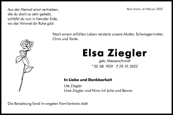 Traueranzeige von Elsa Ziegler von Metzinger-Uracher Volksblatt