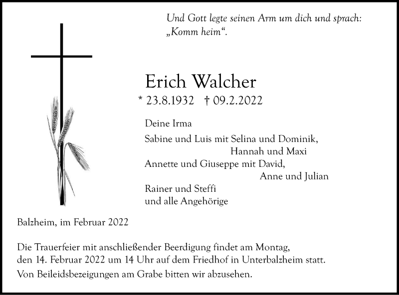 Traueranzeige für Erich Walcher vom 11.02.2022 aus Illertal Bote