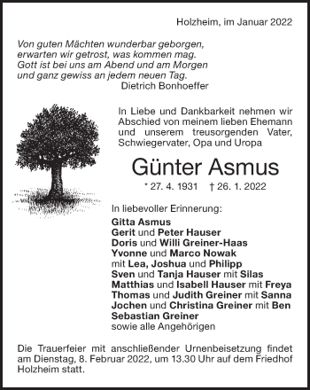 Traueranzeige von Günter Asmus von NWZ Neue Württembergische Zeitung
