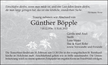 Traueranzeige von Günther Böpple von NWZ Neue Württembergische Zeitung
