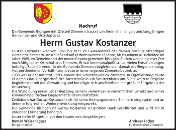 Traueranzeige von Gustav Kostanzer von Metzinger-Uracher Volksblatt