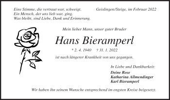 Traueranzeige von Hans Bieramperl von Geislinger Zeitung