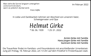 Traueranzeige von Helmut Girke von Metzinger-Uracher Volksblatt