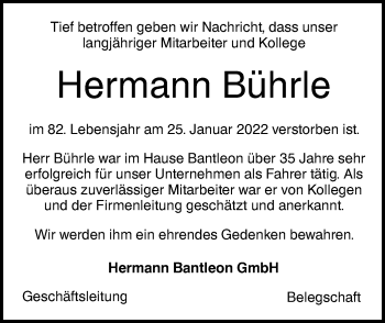 Traueranzeige von Hermann Bührle von SÜDWEST PRESSE Ausgabe Ulm/Neu-Ulm
