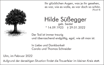 Traueranzeige von Hilde Süßegger von SÜDWEST PRESSE Ausgabe Ulm/Neu-Ulm