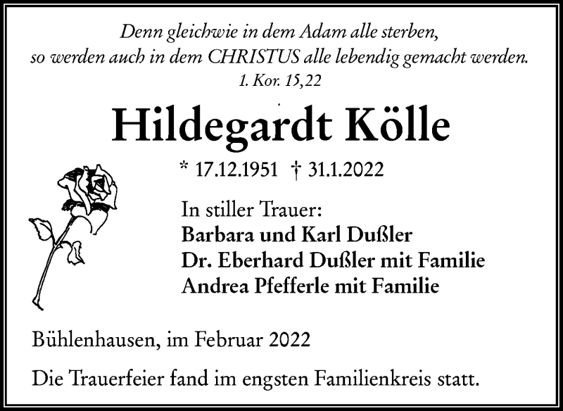  Traueranzeige für Hildegardt Kölle vom 05.02.2022 aus SÜDWEST PRESSE Ausgabe Ulm/Neu-Ulm