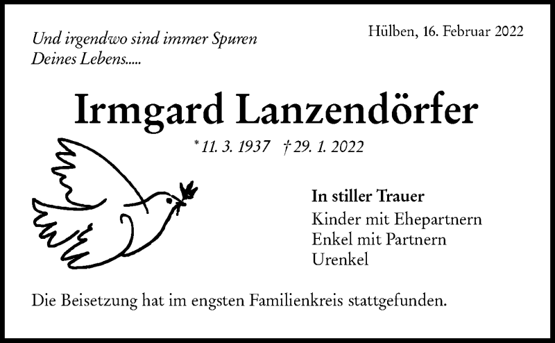  Traueranzeige für Irmgard Lanzendörfer vom 16.02.2022 aus Metzinger-Uracher Volksblatt
