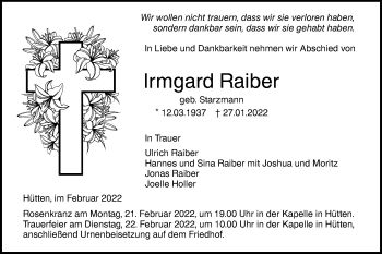 Traueranzeige von Irmgard Raiber von Ehinger Tagblatt