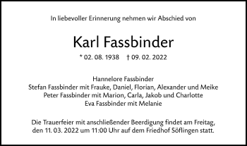 Traueranzeige von Karl Fassbinder von SÜDWEST PRESSE Ausgabe Ulm/Neu-Ulm