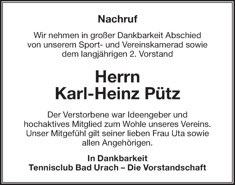  Traueranzeige für Karl-Heinz Pütz vom 24.02.2022 aus Metzinger-Uracher Volksblatt