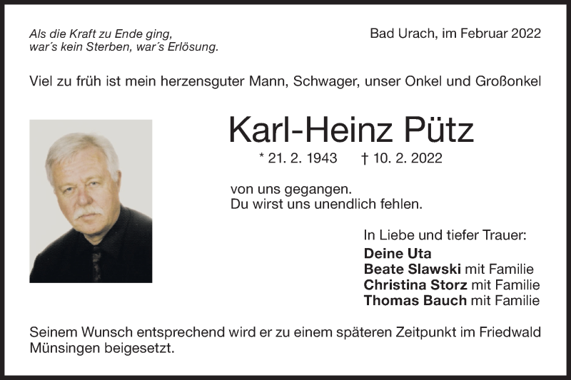  Traueranzeige für Karl-Heinz Pütz vom 19.02.2022 aus Metzinger-Uracher Volksblatt