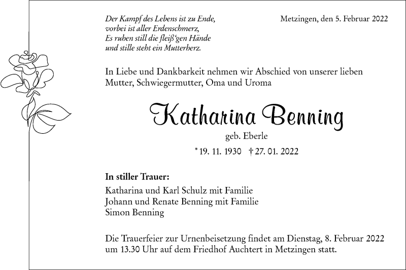  Traueranzeige für Katharina Benning vom 05.02.2022 aus Metzinger-Uracher Volksblatt