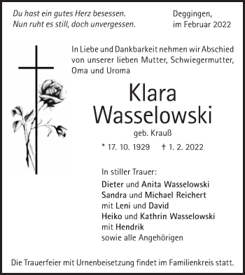 Traueranzeige von Klara Wasselowski von Geislinger Zeitung