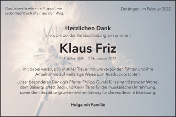 Traueranzeige von Klaus Friz von Metzinger-Uracher Volksblatt