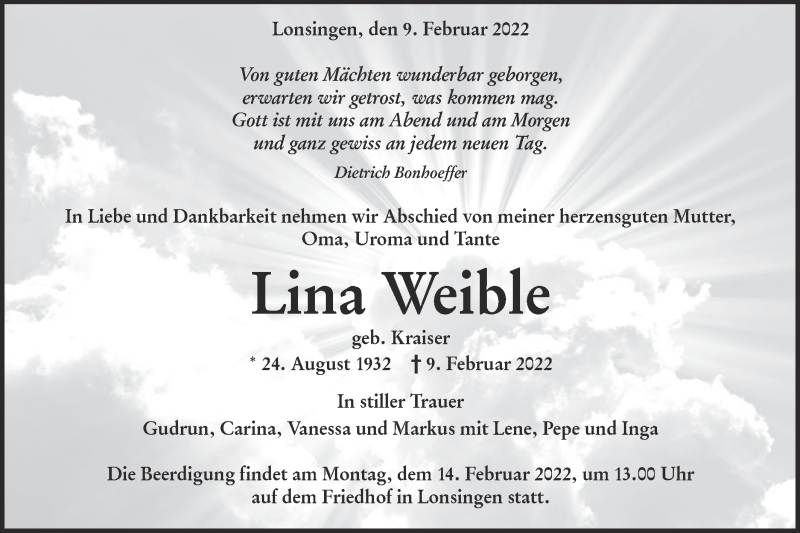  Traueranzeige für Lina Weible vom 11.02.2022 aus Alb-Bote/Metzinger-Uracher Volksblatt