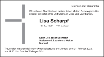 Traueranzeige von Lisa Scharpf von NWZ Neue Württembergische Zeitung