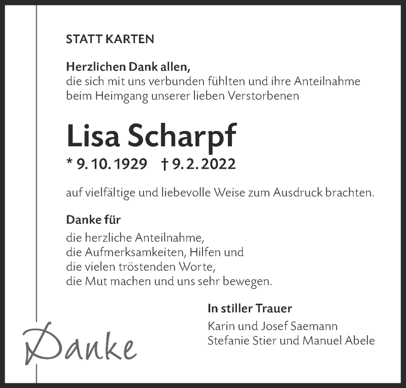 Traueranzeige für Lisa Scharpf vom 26.02.2022 aus NWZ Neue Württembergische Zeitung