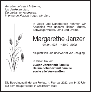 Traueranzeige von Margarethe Janzer von Hohenloher Tagblatt