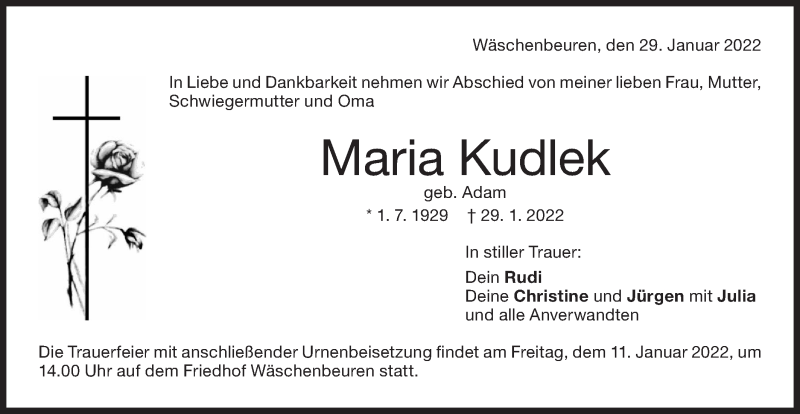  Traueranzeige für Maria Kudlek vom 08.02.2022 aus NWZ Neue Württembergische Zeitung