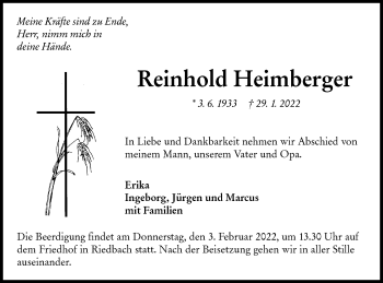 Traueranzeige von Reinhold Heimberger von Hohenloher Tagblatt