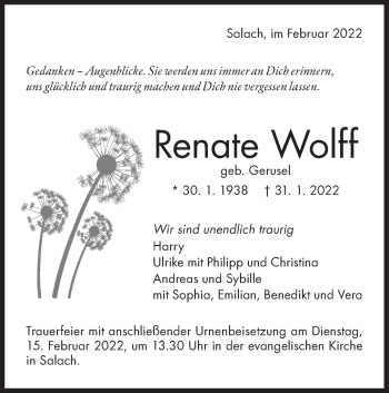 Traueranzeige von Renate Wolff von NWZ Neue Württembergische Zeitung