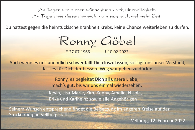  Traueranzeige für Ronny Göbel vom 12.02.2022 aus Haller Tagblatt
