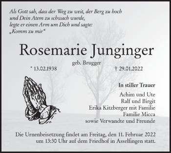 Traueranzeige von Rosemarie Junginger von SÜDWEST PRESSE Ausgabe Ulm/Neu-Ulm