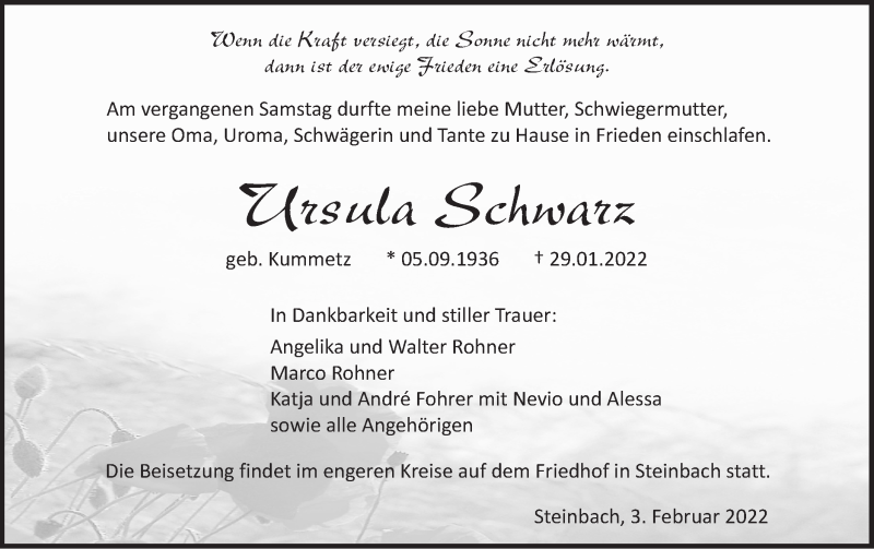  Traueranzeige für Ursula Schwarz vom 03.02.2022 aus Haller Tagblatt
