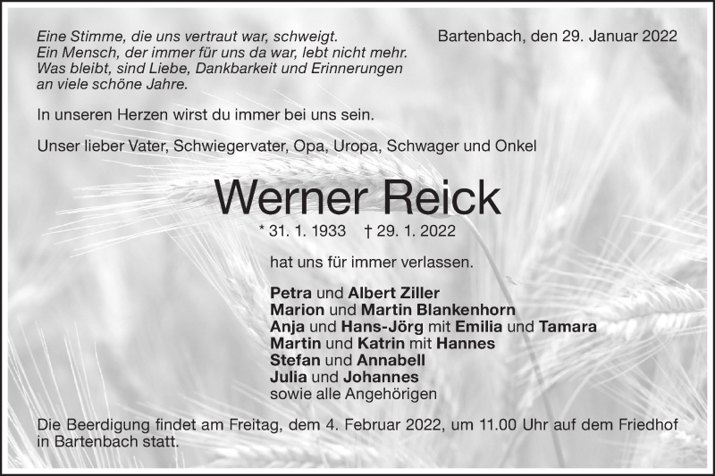 Traueranzeige für Werner Reick vom 02.02.2022 aus NWZ Neue Württembergische Zeitung