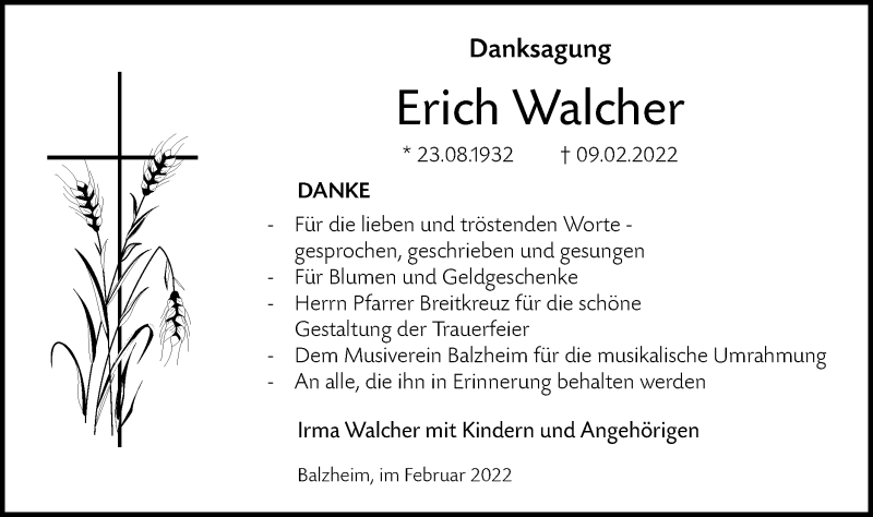  Traueranzeige für Erich Walcher vom 03.03.2022 aus Illertal Bote