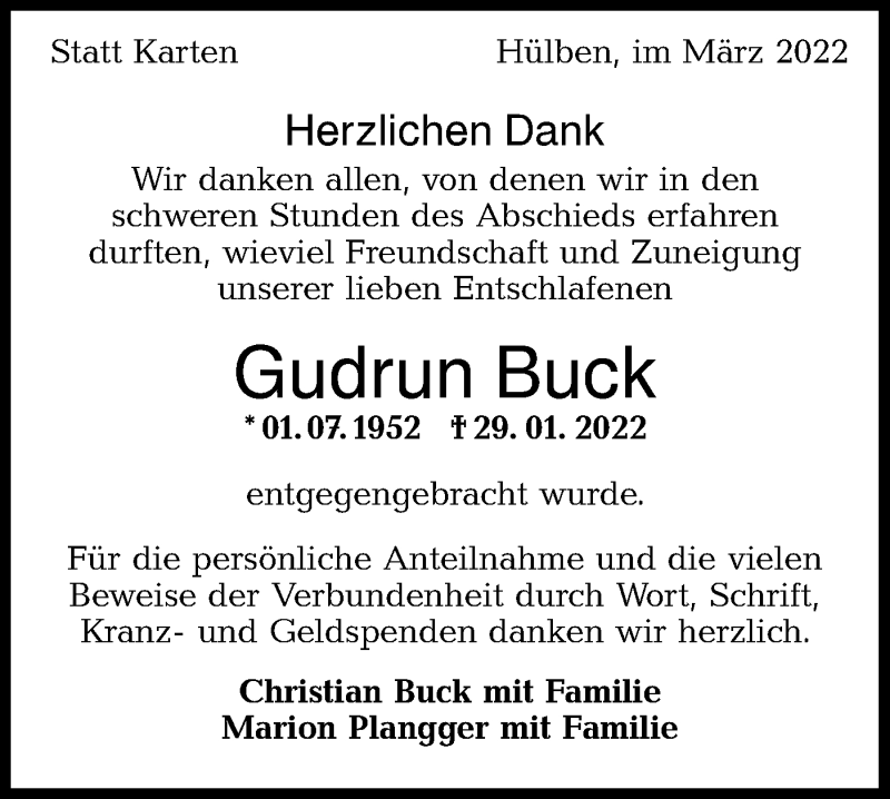  Traueranzeige für Gudrun Buck vom 12.03.2022 aus Metzinger-Uracher Volksblatt