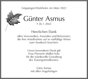 Traueranzeige von Günter Asmus von NWZ Neue Württembergische Zeitung