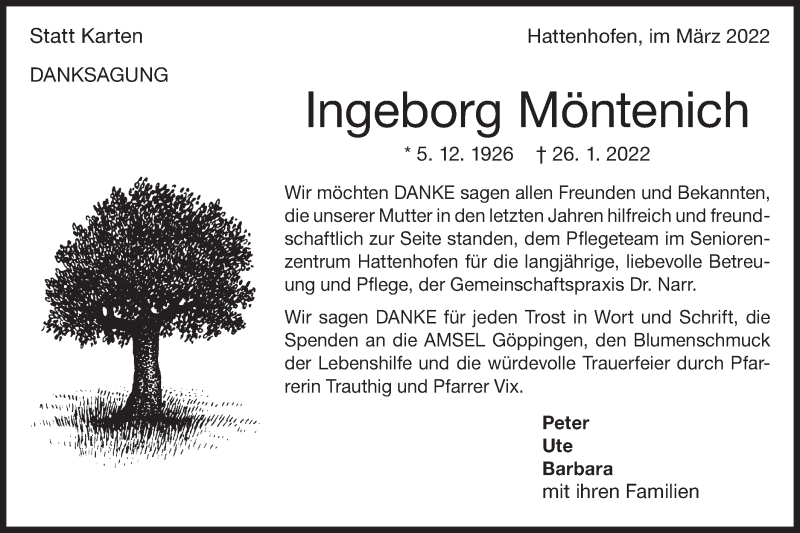  Traueranzeige für Ingeborg Möntenich vom 05.03.2022 aus NWZ Neue Württembergische Zeitung