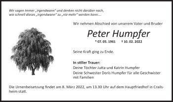 Traueranzeige von Peter Humpfer von Hohenloher Tagblatt