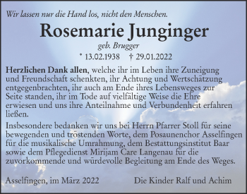 Traueranzeige von Rosemarie Junginger von SÜDWEST PRESSE Ausgabe Ulm/Neu-Ulm