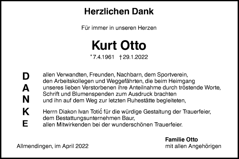  Traueranzeige für Kurt Otto vom 07.04.2022 aus Ehinger Tagblatt