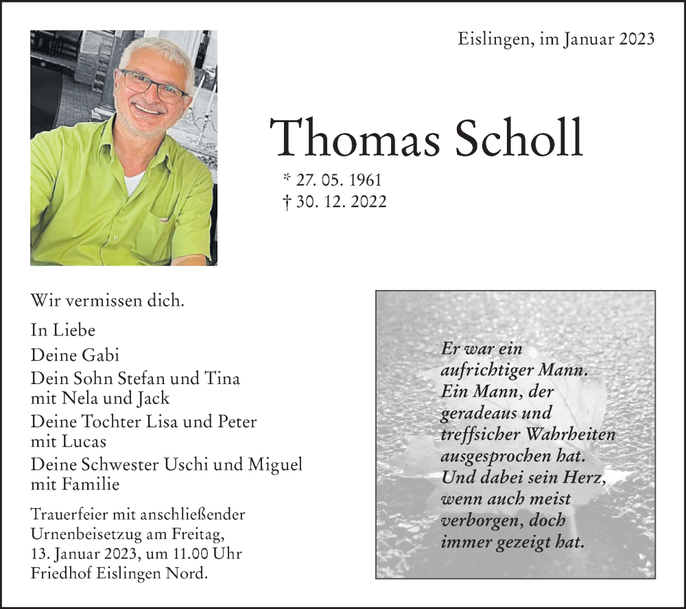  Traueranzeige für Thomas Scholl vom 07.01.2023 aus NWZ Neue Württembergische Zeitung