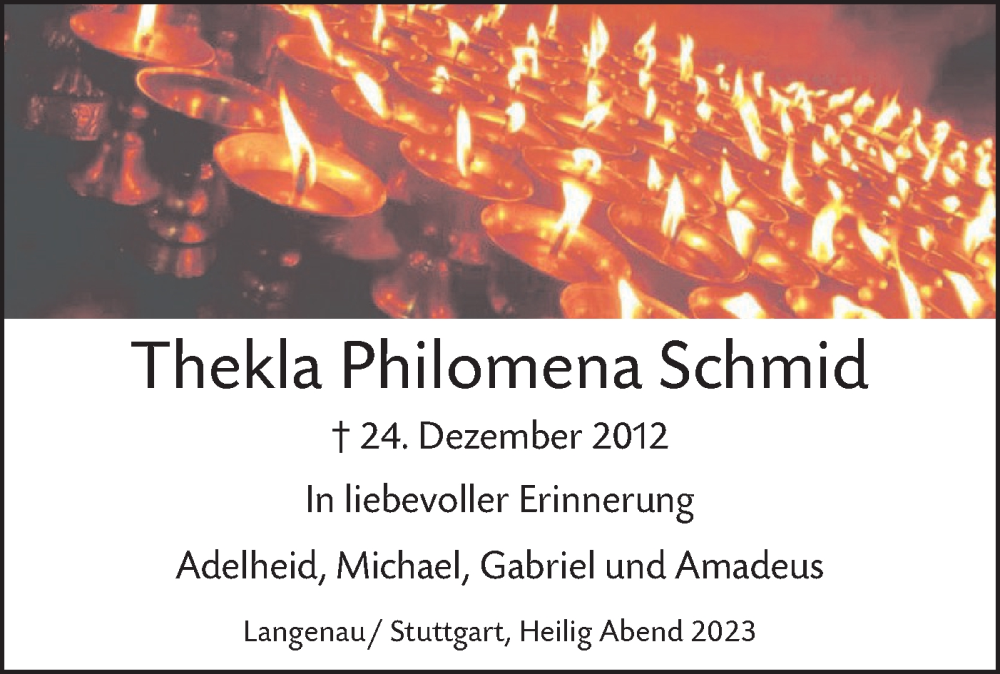  Traueranzeige für Thekla Philomena Schmid vom 23.12.2023 aus SÜDWEST PRESSE Ausgabe Ulm/Neu-Ulm