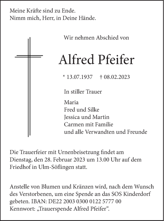 Traueranzeige von Alfred Pfeifer von SÜDWEST PRESSE Ausgabe Ulm/Neu-Ulm
