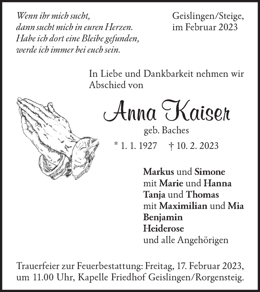  Traueranzeige für Anna Kaiser vom 14.02.2023 aus Geislinger Zeitung