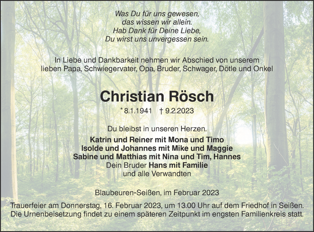  Traueranzeige für Christian Rösch vom 14.02.2023 aus SÜDWEST PRESSE Ausgabe Ulm/Neu-Ulm