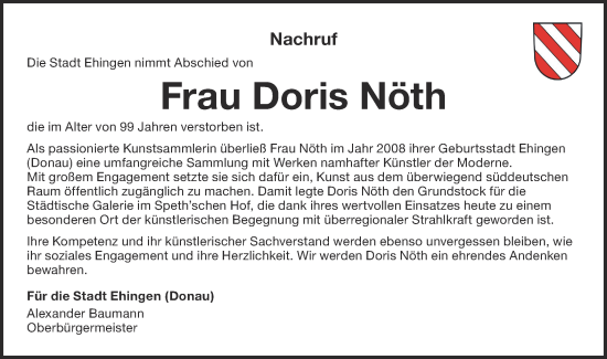 Traueranzeige von Doris Nöth von Ehinger Tagblatt