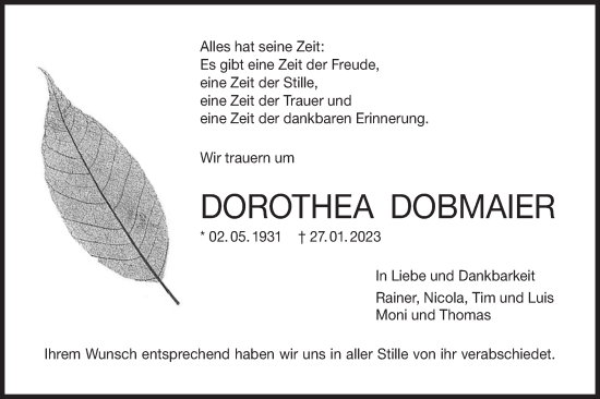 Traueranzeige von Dorothea Dobmaier von Haller Tagblatt