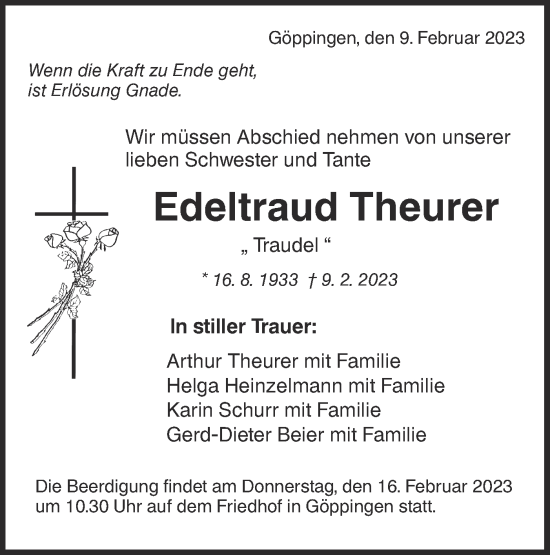 Traueranzeige von Edeltraud Theurer von NWZ Neue Württembergische Zeitung