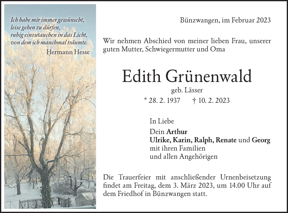  Traueranzeige für Edith Grünenwald vom 17.02.2023 aus NWZ Neue Württembergische Zeitung