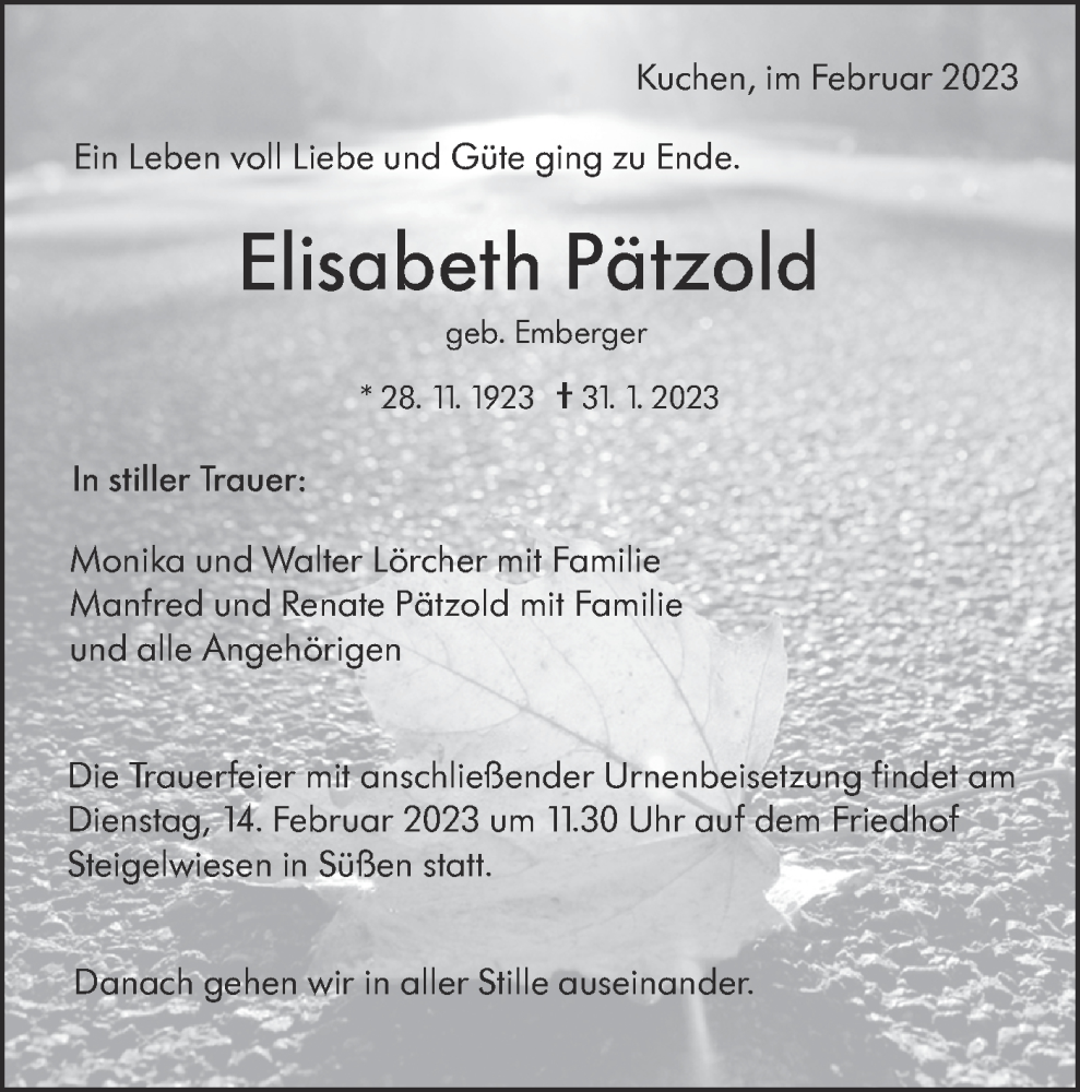  Traueranzeige für Elisabeth Pätzold vom 08.02.2023 aus NWZ Neue Württembergische Zeitung