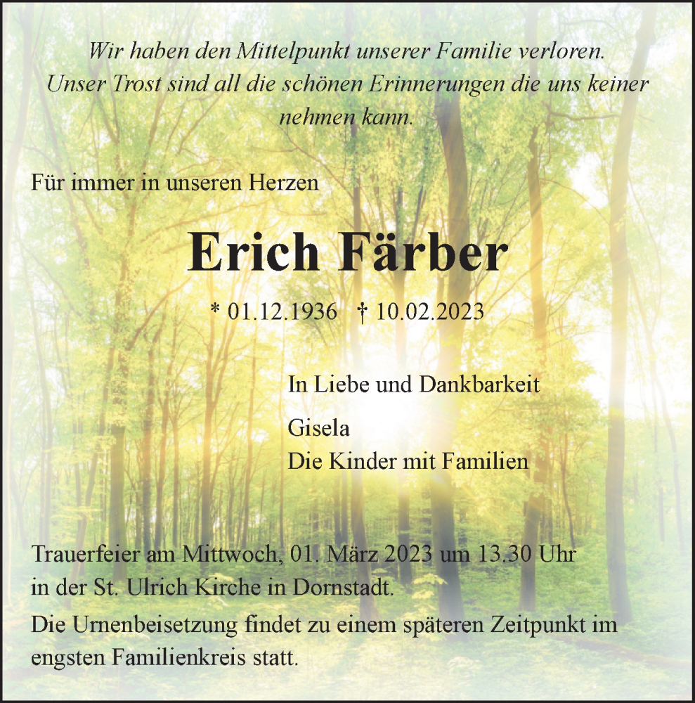  Traueranzeige für Erich Färber vom 17.02.2023 aus SÜDWEST PRESSE Ausgabe Ulm/Neu-Ulm
