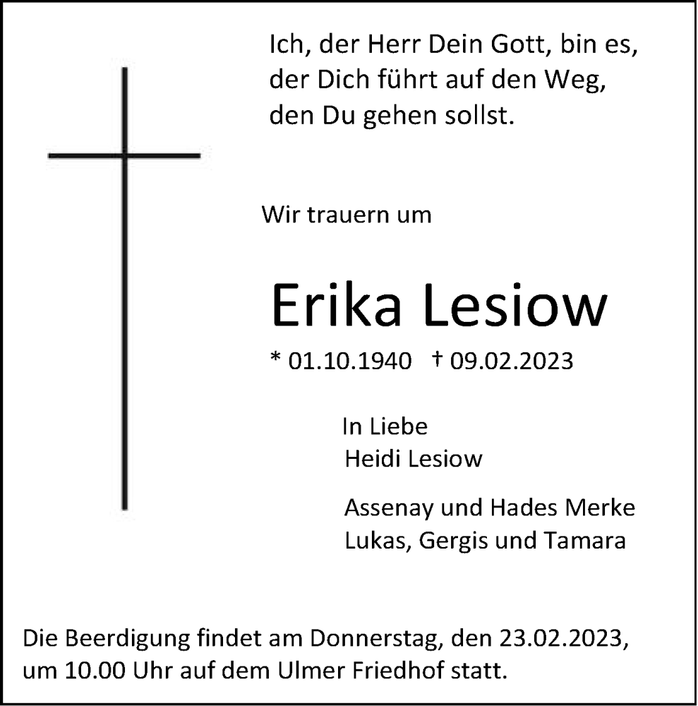  Traueranzeige für Erika Lesiow vom 18.02.2023 aus SÜDWEST PRESSE Ausgabe Ulm/Neu-Ulm