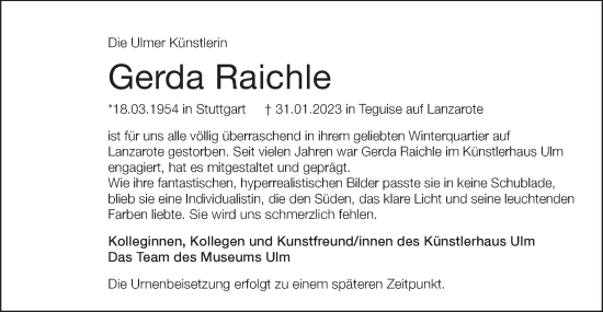 Traueranzeige von Gerda Raichle von SÜDWEST PRESSE Ausgabe Ulm/Neu-Ulm